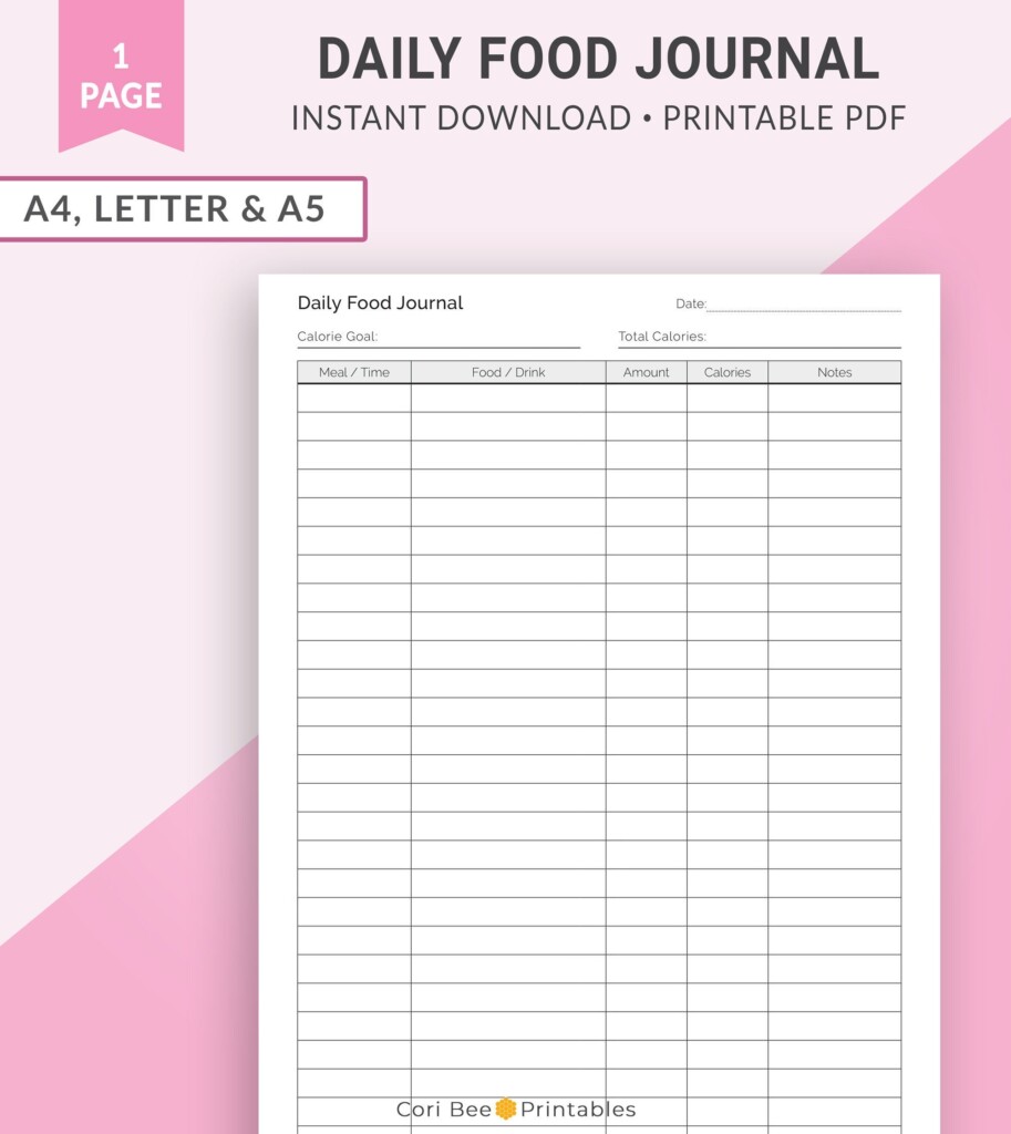 Daily Food Journal Printable Meal Planner Food Tracker Food Log Calorie Tracker Calorie Log Fitness Planner Meal Log A4 Letter A5 Etsy