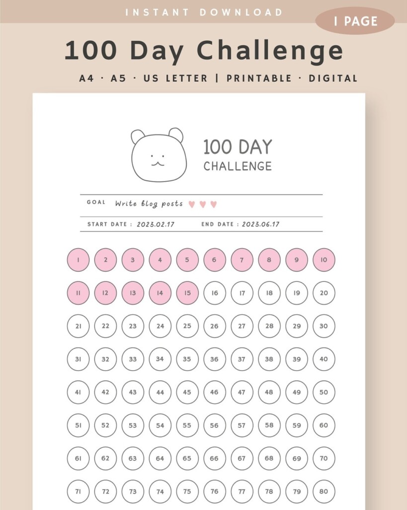 100 Day Challenge Tracker Printable Goal Setting Progress Tracker 