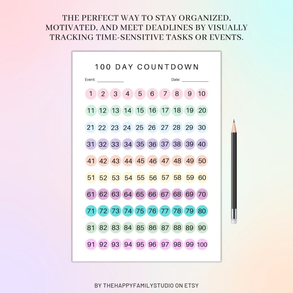 100 Day Countdown Tracker For Any Occasion Printable 100 Etsy