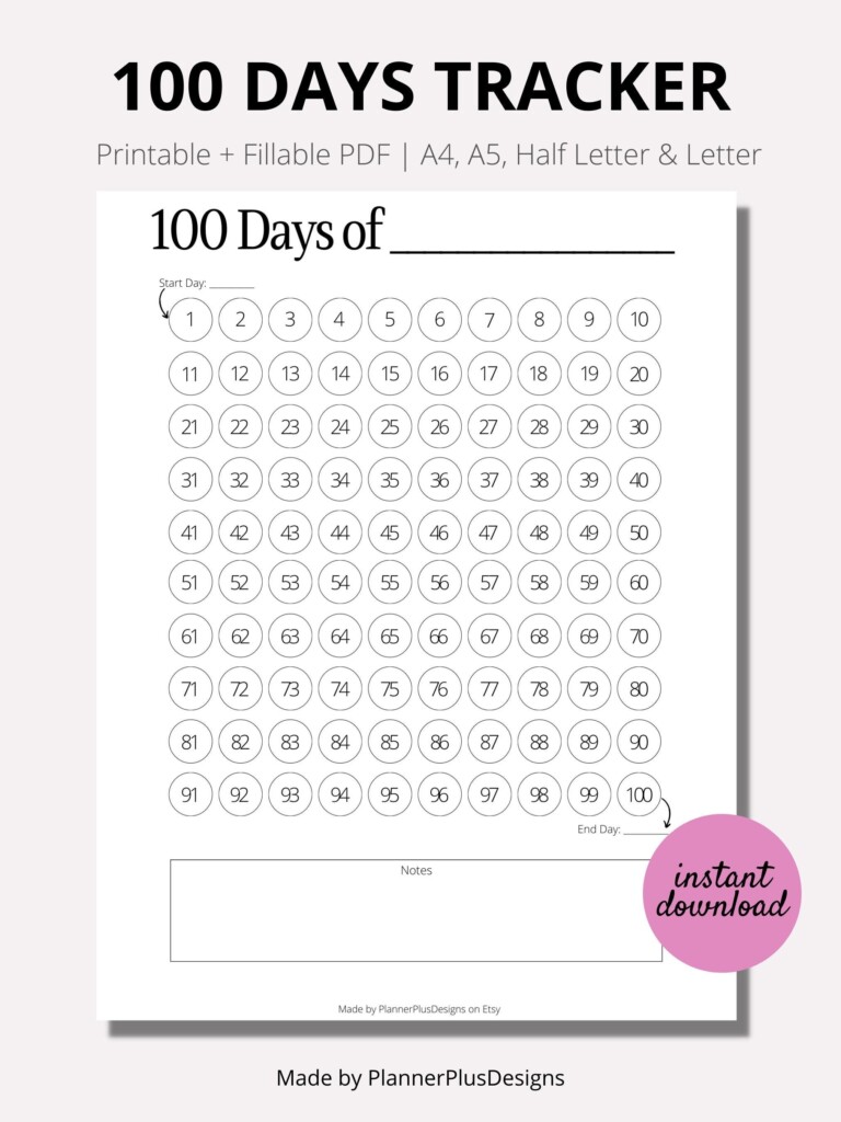 100 Day Habit Tracker Printable 100 Day Challenge Minimal Habit 