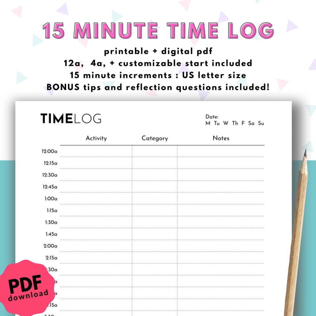 15 Minute Daily Time Log time Tracker For Improving Time Management And 