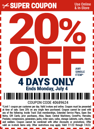 20 Off Coupon For Any Single Item Now Thru 7 4 Harbor Freight Coupons