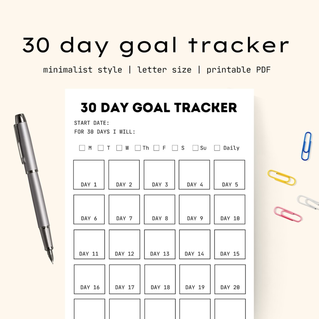30 day Minimalist Goal Tracker Sheet Printable PDF Etsy