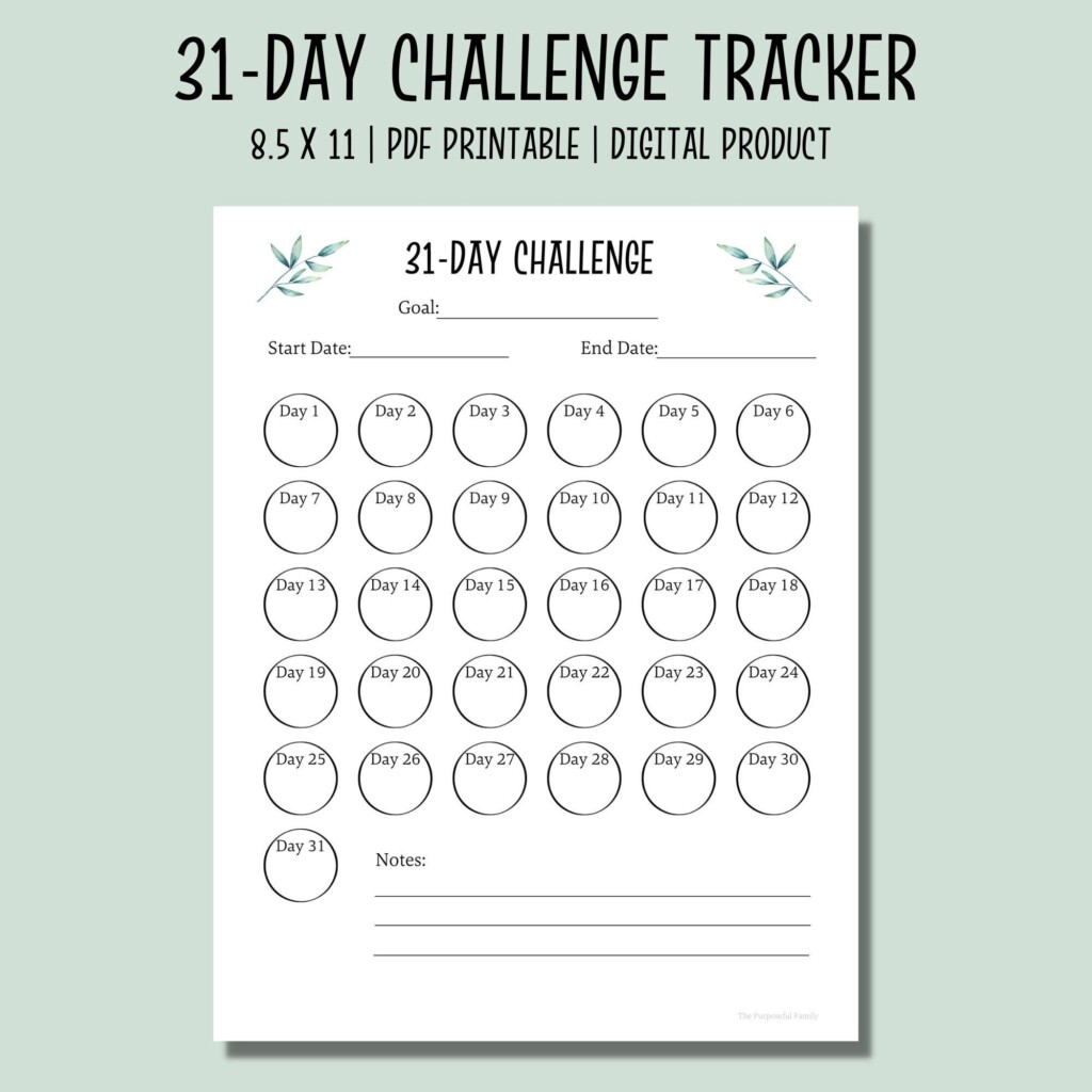 31 Day Challenge Tracker Printable Habit Tracker Goal Setting Progress 
