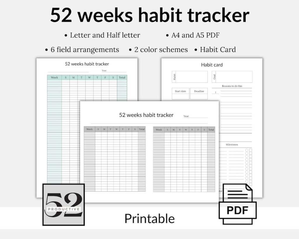 52 Week Habit Tracker Habit Tracker Printable Habit Tracker Template 