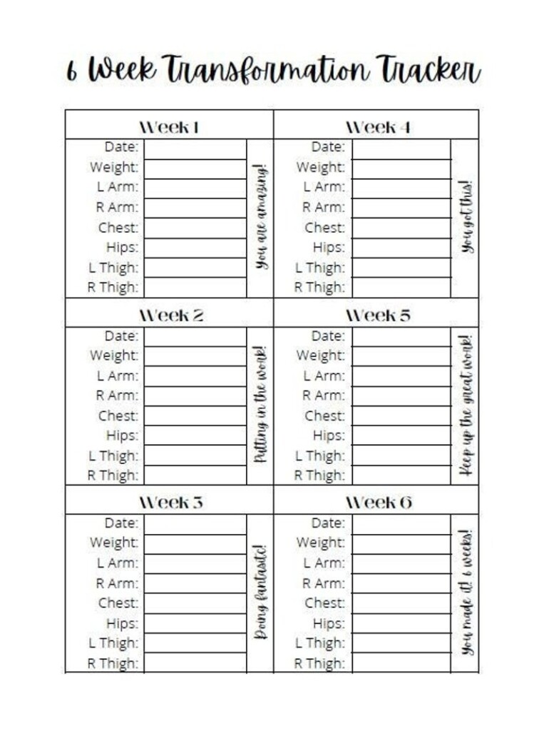 6 Week Transformation Tracker Instant Download PDF Body Measurement 