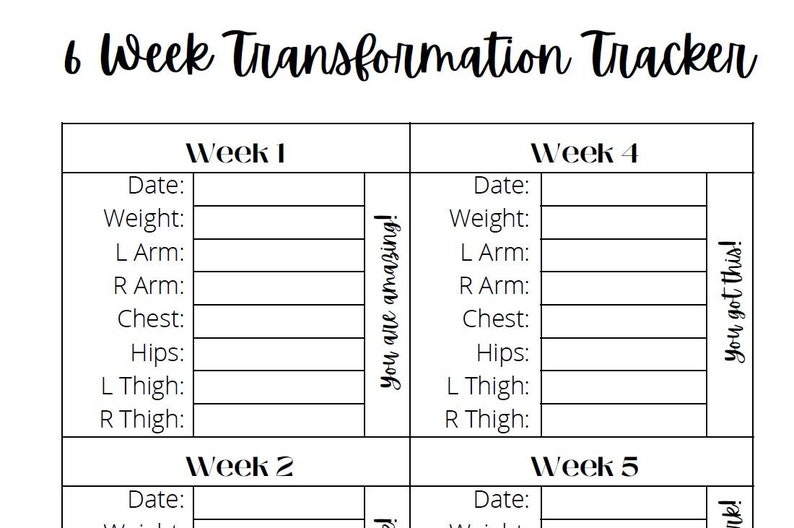 6 Week Transformation Tracker Instant Download PDF Body Measurement 