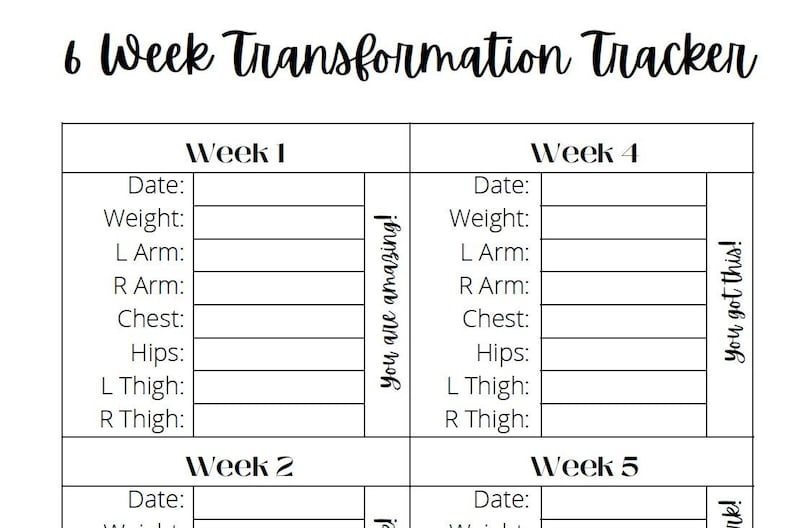 6 Week Transformation Tracker Instant Download PDF Body Measurement 