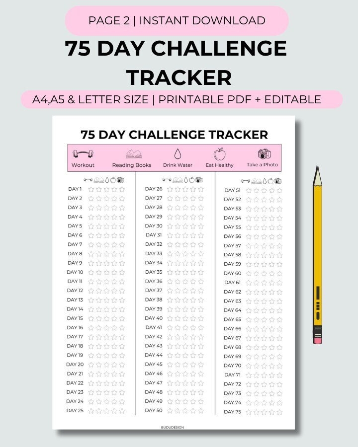 75 Day Hard Challenge Tracker 75 Day Tracker 75 Hard Challenge 