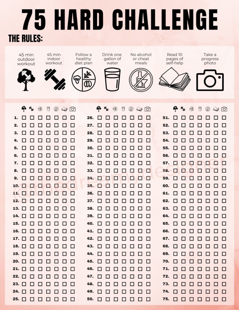 75 Hard Challenge Printable PDF 75 Hard Tracker 75 Hard Checklist 75 