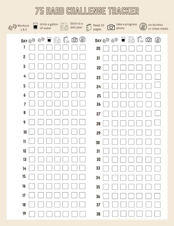 75 Hard Challenge Tracker Free Printable