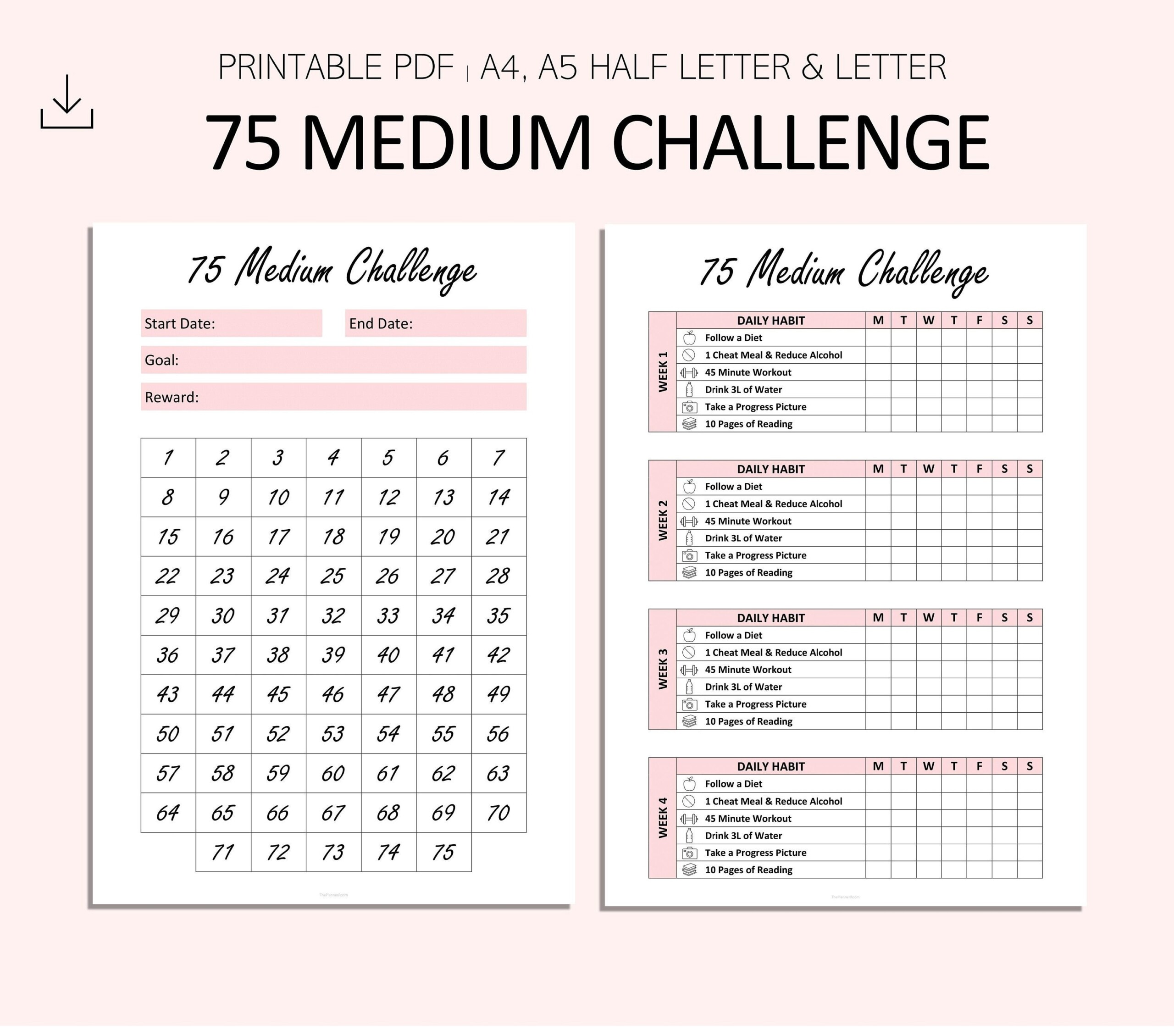 75 Medium Challenge Tracker Printable