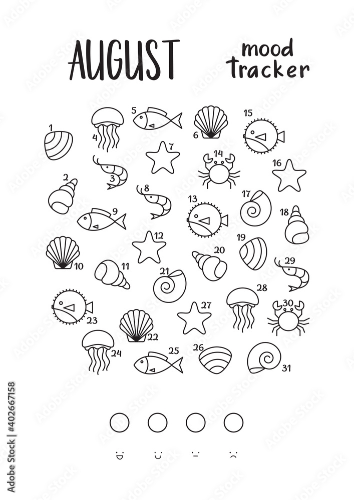 A4 Print Mood Tracker For August Various Sea Inhabitants shell 