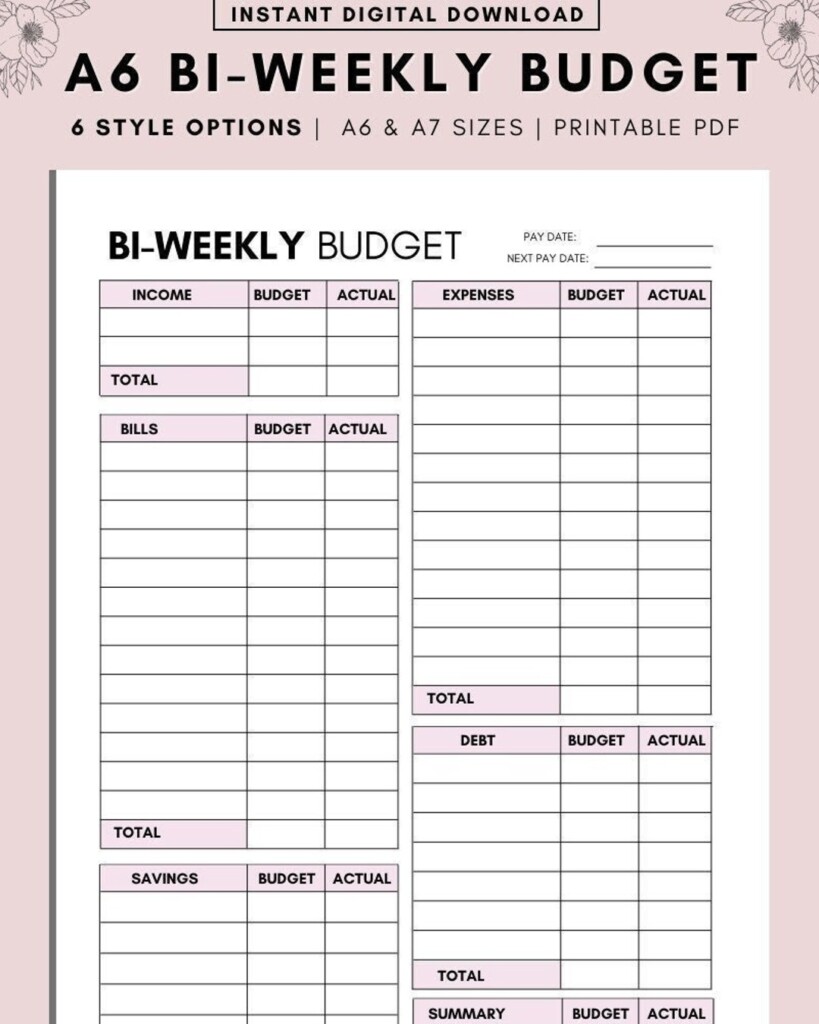 A6 PDF BI WEEKLY Budget Overview Template Printable Paycheck Budget 