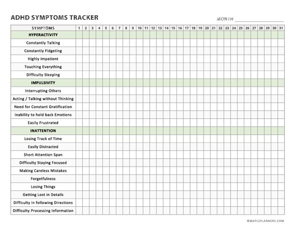 ADHD Symptoms Tracker Printable Template