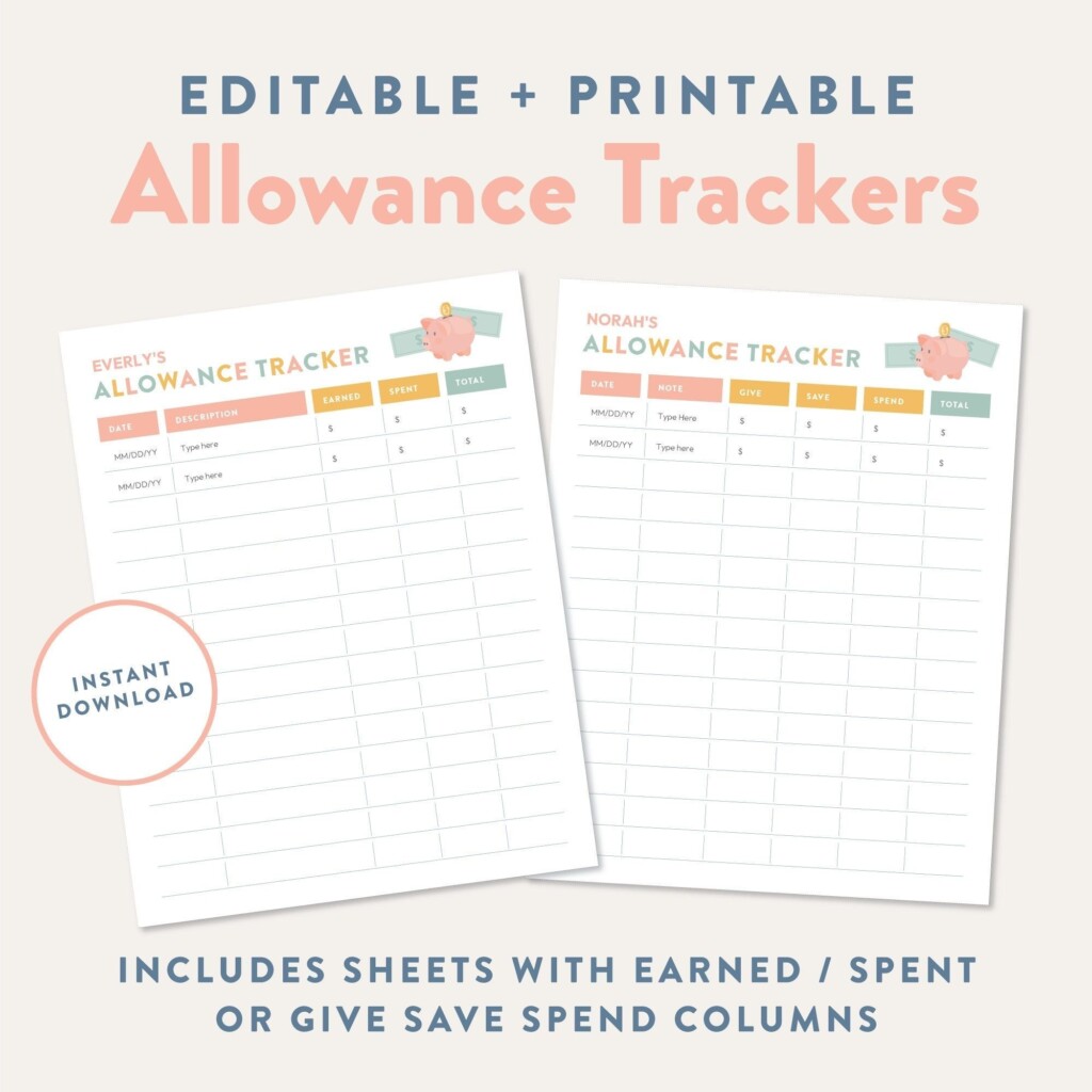Allowance Budget Tracker For Kids Printable Expense List Editable 
