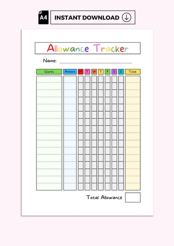 Allowance Tracker Printable Allowance Tracker Allowance Etsy Canada