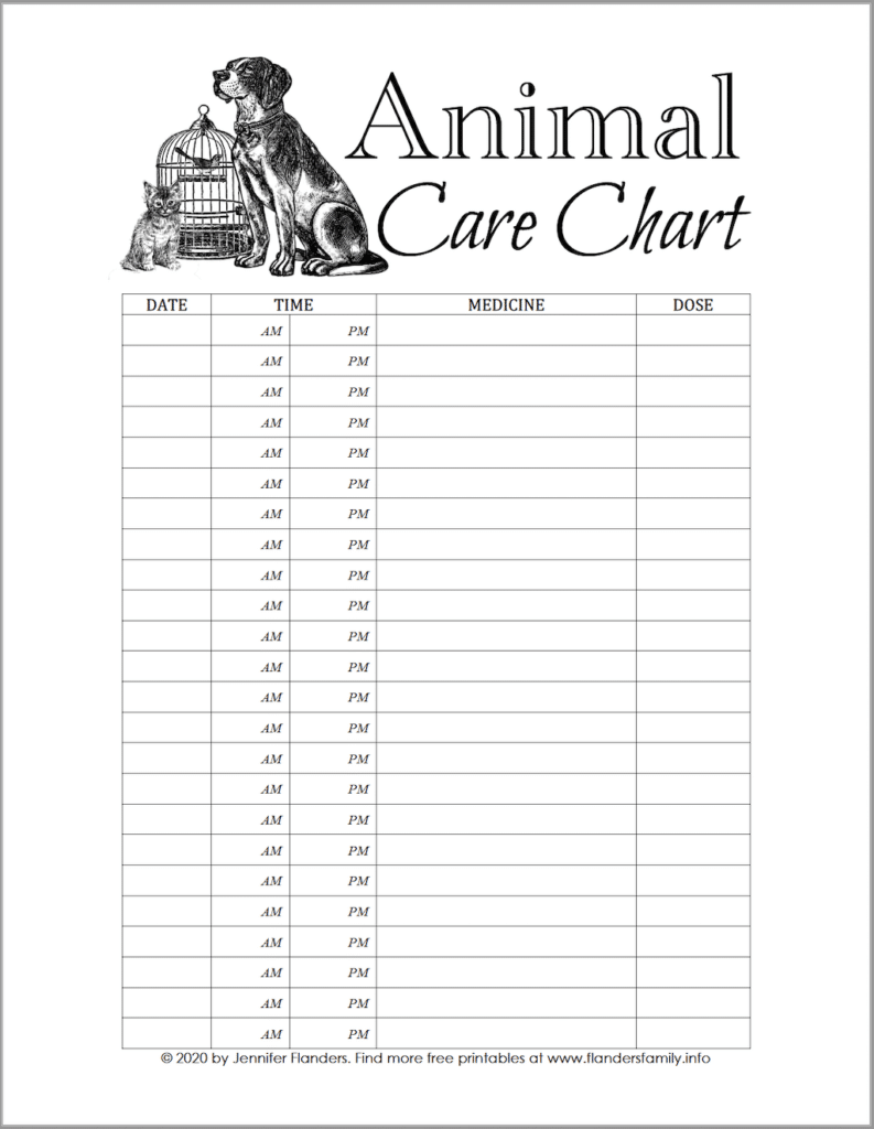 Animal Care Chart Free Printable Flanders Family Homelife