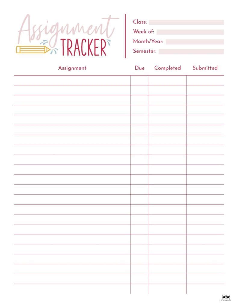 Assignment Trackers 12 FREE Printables Printabulls