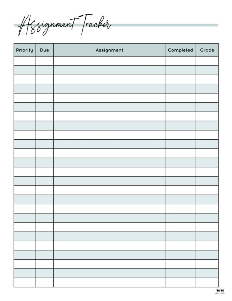 Assignment Trackers 12 FREE Printables Printabulls
