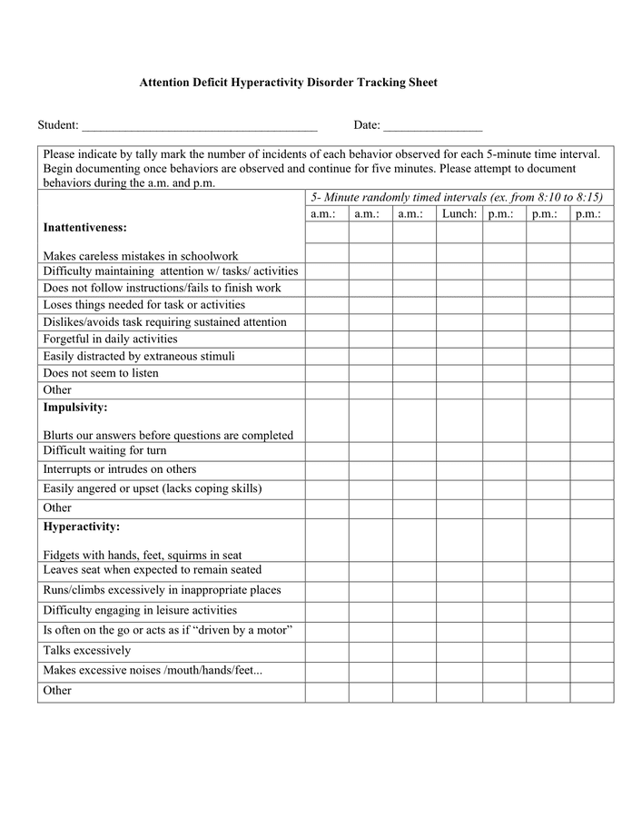 Attention Deficit Hyperactivity Disorder Tracking Sheet In Word And Pdf 