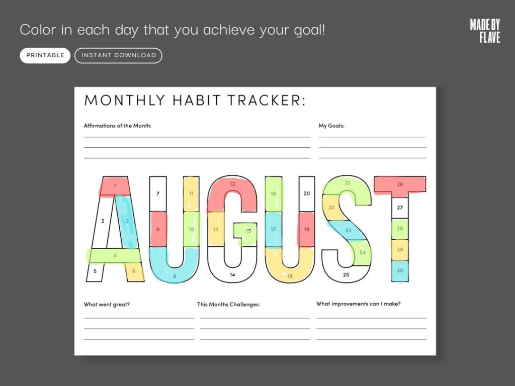 August Habit Tracker Coloring Sheet Printable Month Fitness Tracker 
