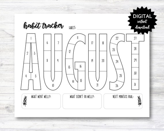 August Habit Tracker Coloring Sheet Printable Month Habit Etsy