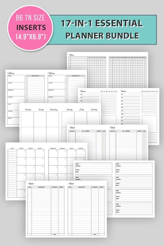 B6 TN Travelers Notebook Inserts Planner Bundle Printable