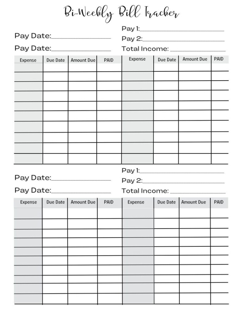 Bi weekly Bill Tracker Printable basic Gray Scale Etsy