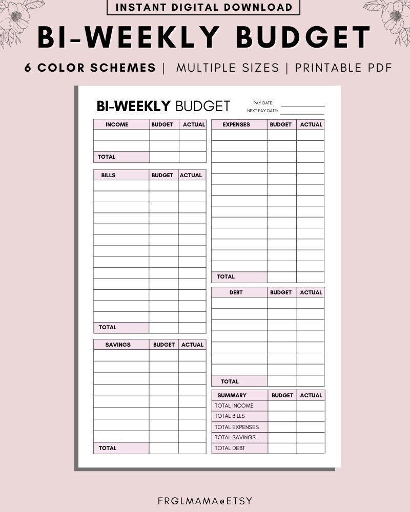 BI WEEKLY Budget Overview Template Printable Paycheck Budget Etsy 