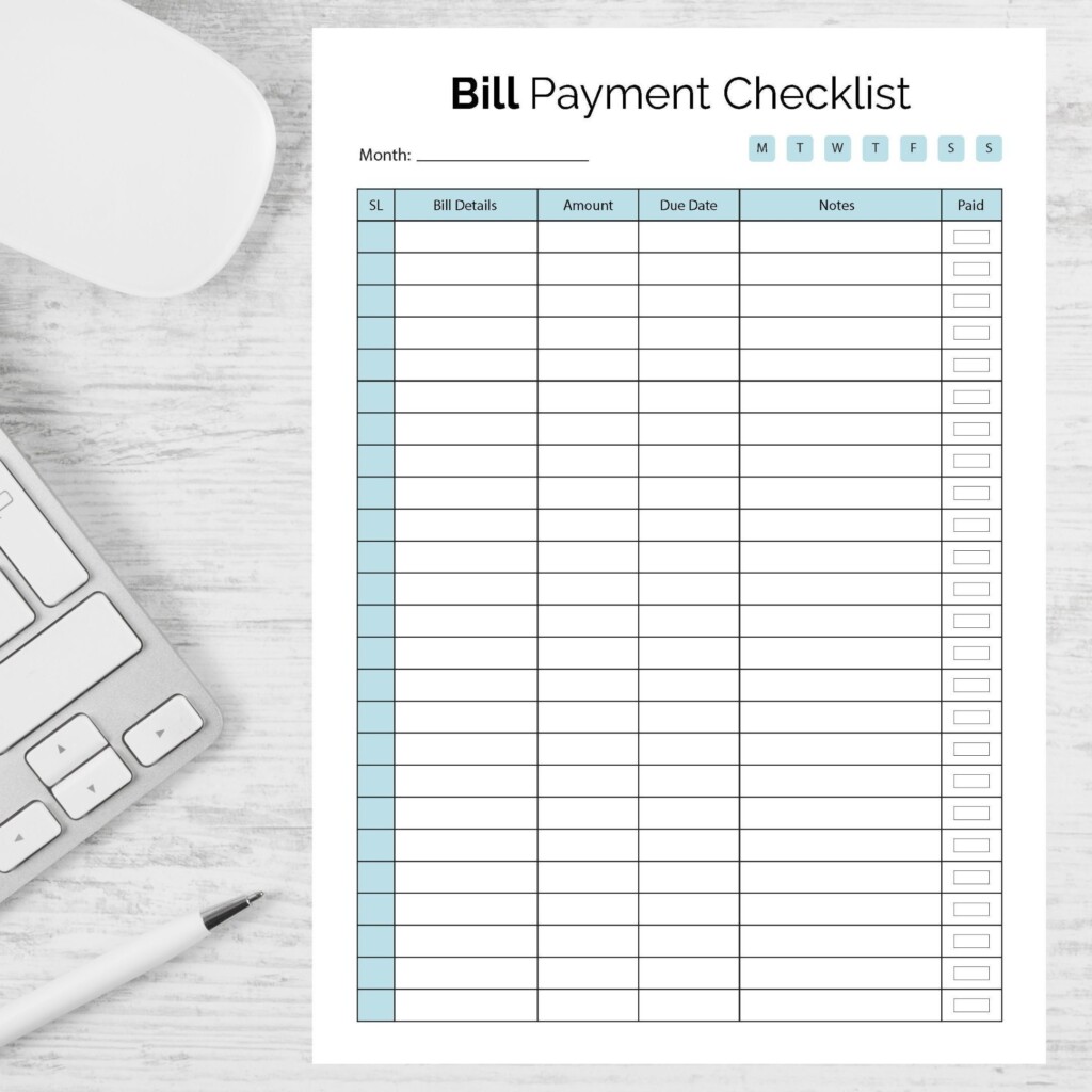 Bill Payment Checklist Printable Editable Word Doc Monthly Bill 