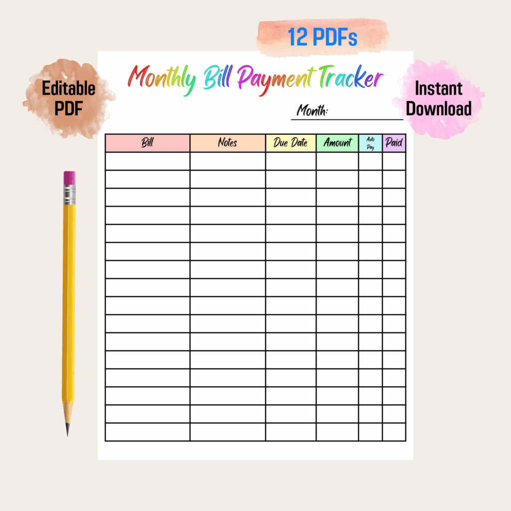 Bill Payment Tracker Rainbow Color Printable Editable Monthly 