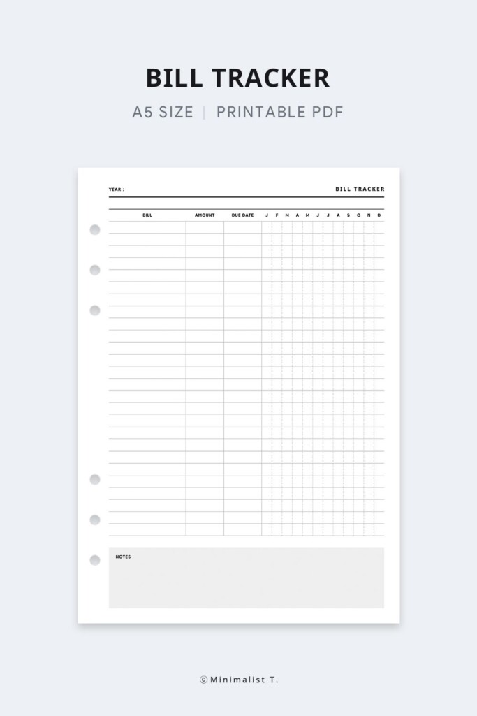 Bill Tracker A5 Printable Financial Planner Inserts Bill Tracking 