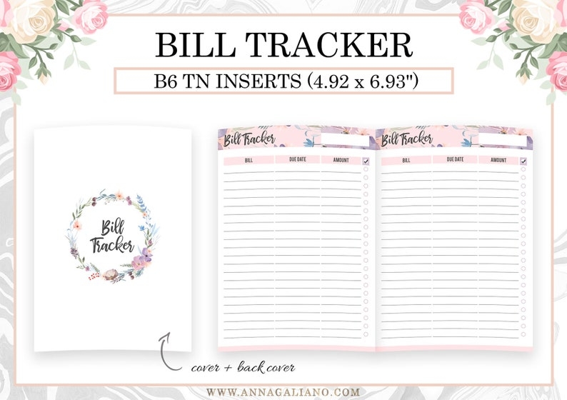 Bill Tracker Printable B6 TN Inserts Bill Checklist Printable 