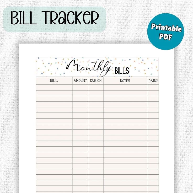 Bill Tracker Printable Monthly Bill Pay Template Downloadable PDF 2 