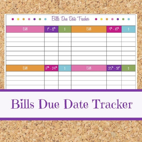 Bills Due Date Tracker Bright Colorful PDF Printable