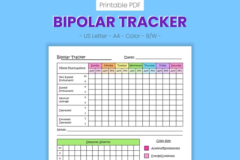 Bipolar Disorder Printable Mood Tracker Symptom Record Etsy