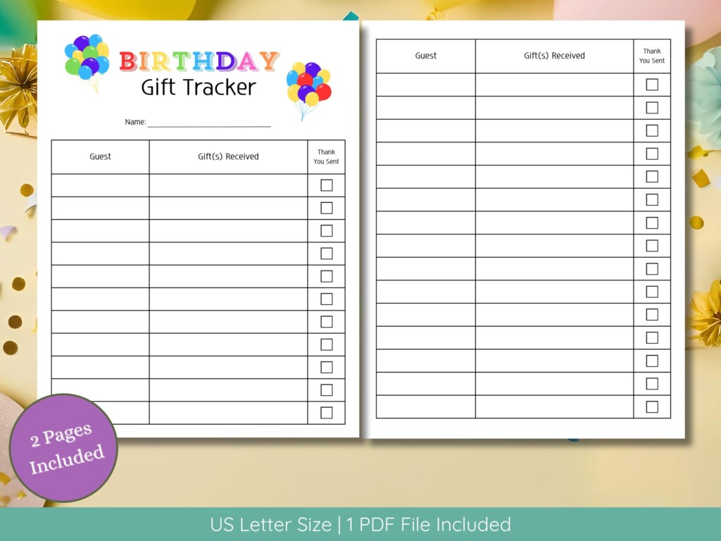 Birthday Gift Tracker Printable Gift Tracker Birthday Party Present 
