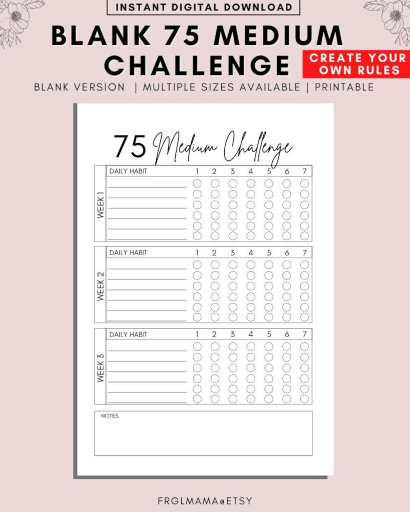 Blank 75 Medium Challenge Tracker 75 Day Challenge Printable Etsy 