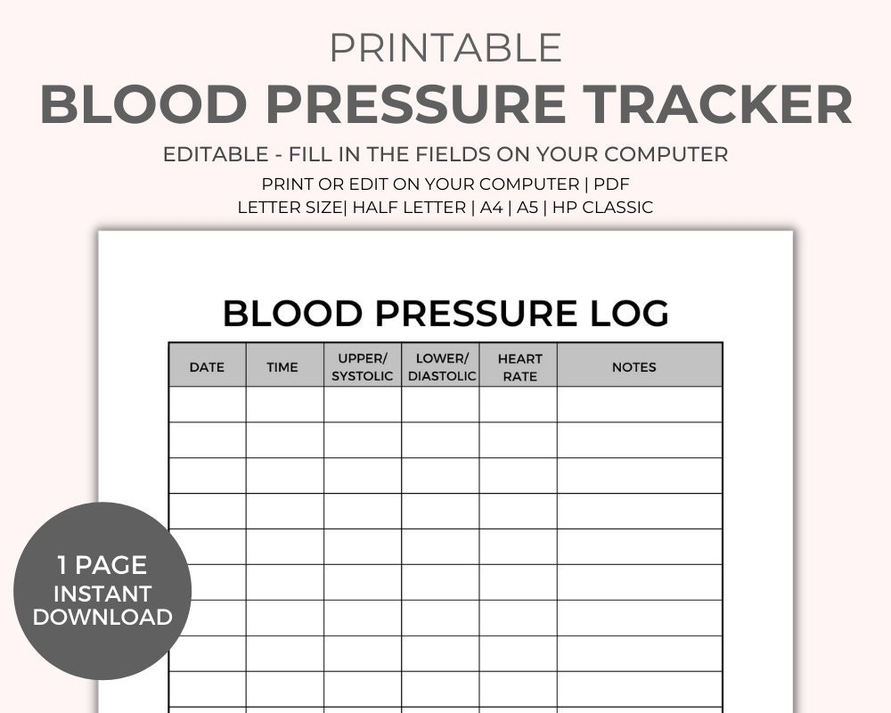 Blood Pressure Chart Printable Instant Download Medical Etsy Singapore