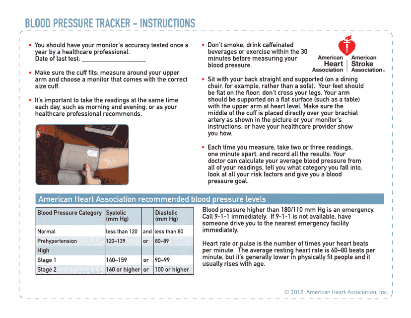Blood Pressure Tracker American Heart Association Download Printable 