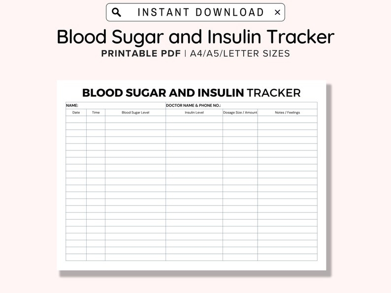 Blood Sugar And Insulin Tracker Printable Print And Write PDF Blood 