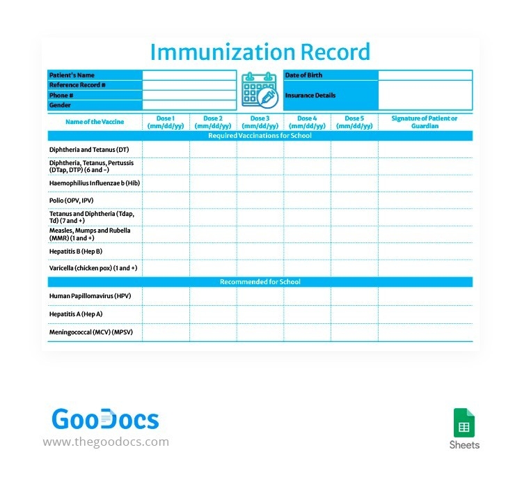 Blue School Immunization Record Template In Google Sheets