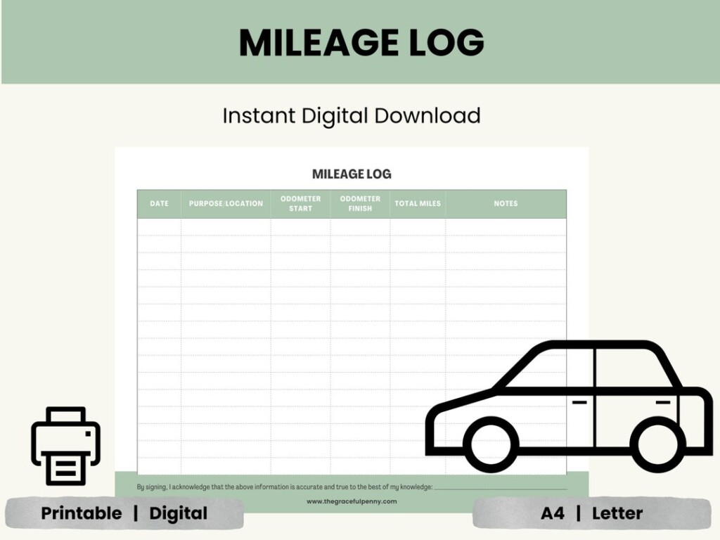 Business Mileage Log Printable PDF Instant Download Car Mileage 