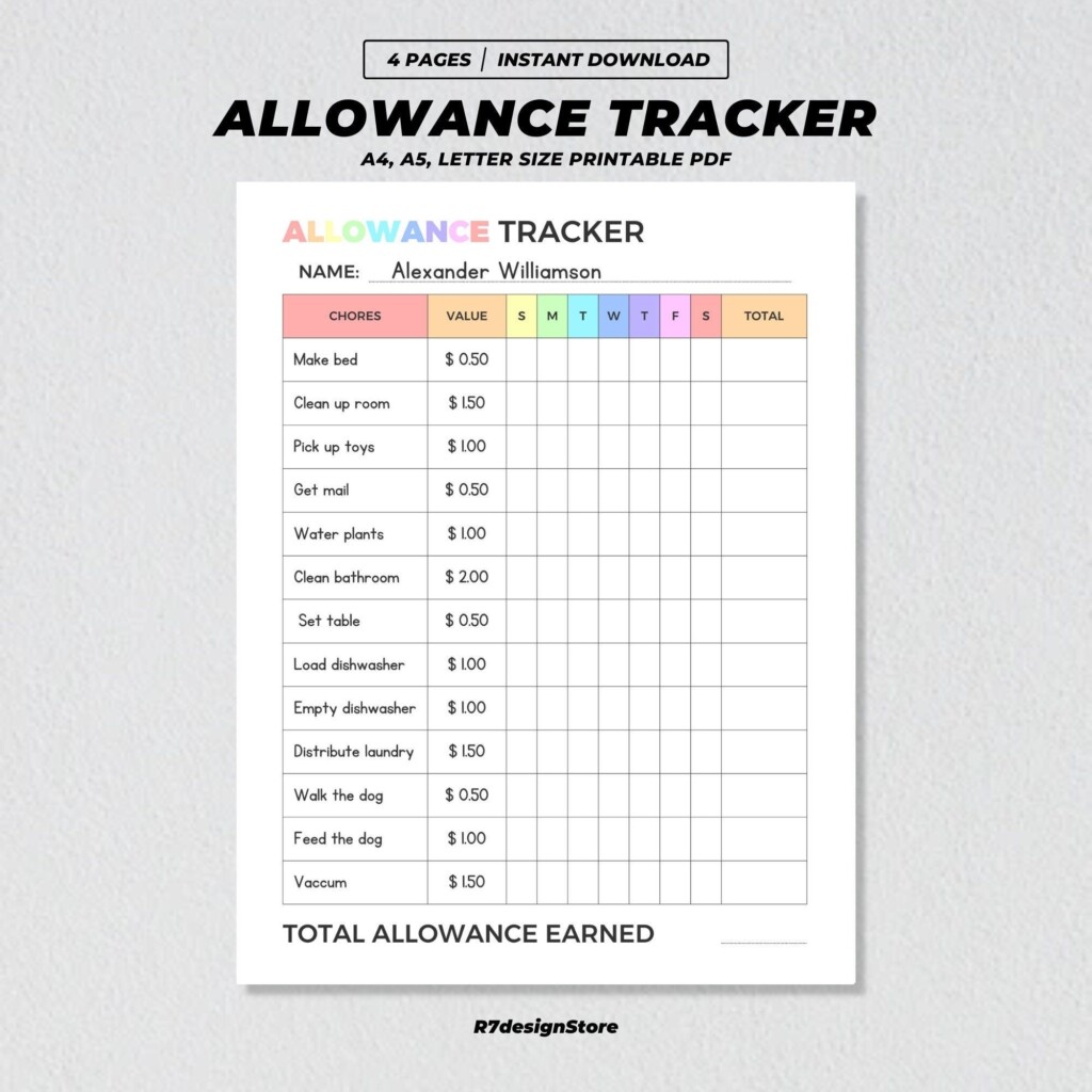 Buy Allowance Tracker For Kids Printable Weekly Allowance Chore Chart 