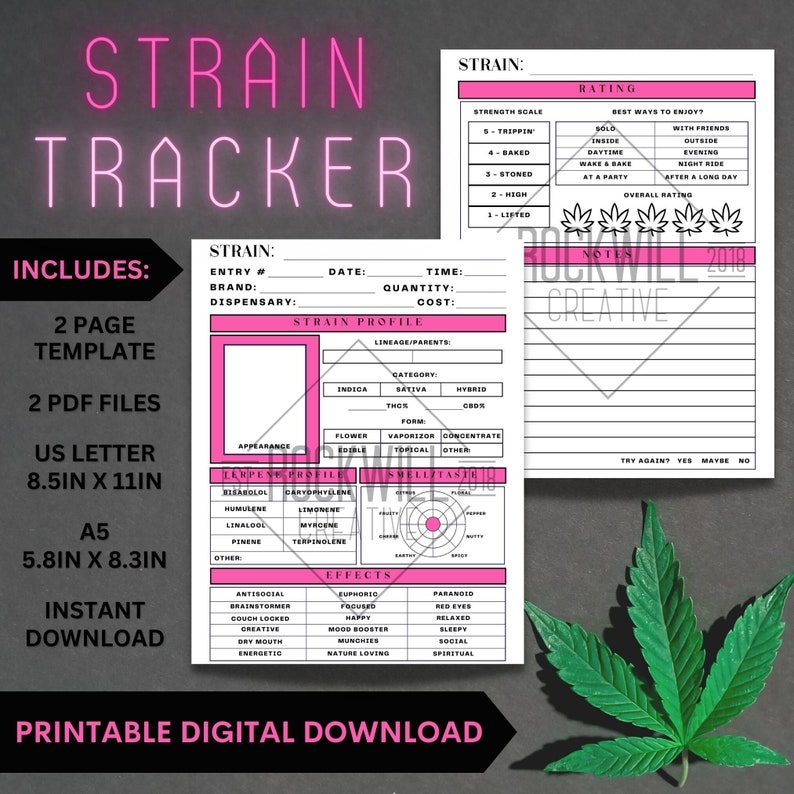 Cannabis Strain Tracker 2 Page Template Journal Printable Download Weed 