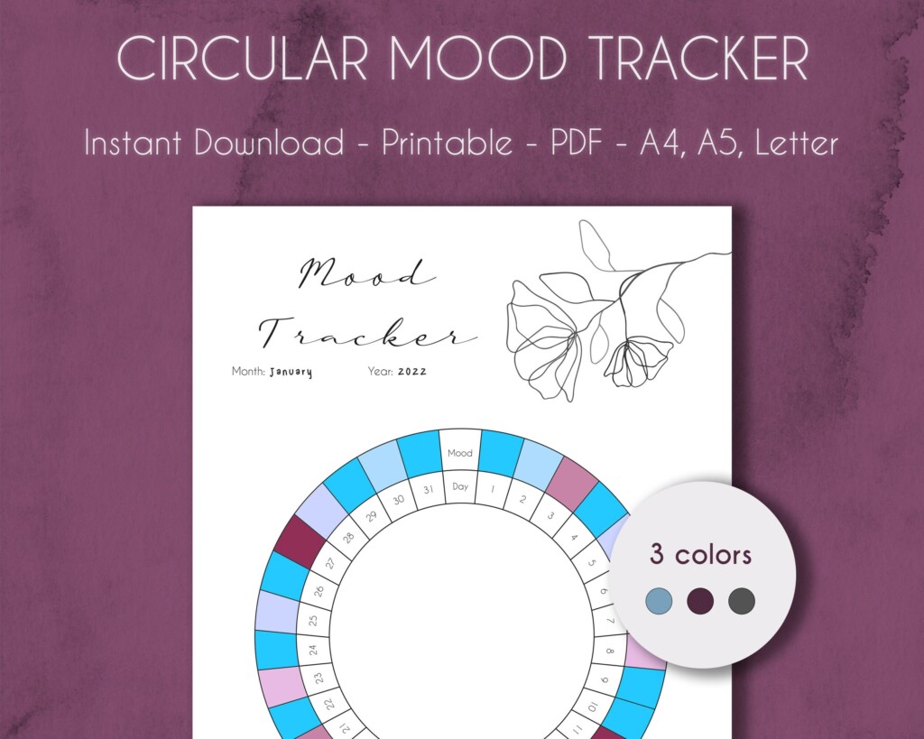 Circular Mood Tracker PRINTABLE Line Art Flower Mental Health Chart A4 