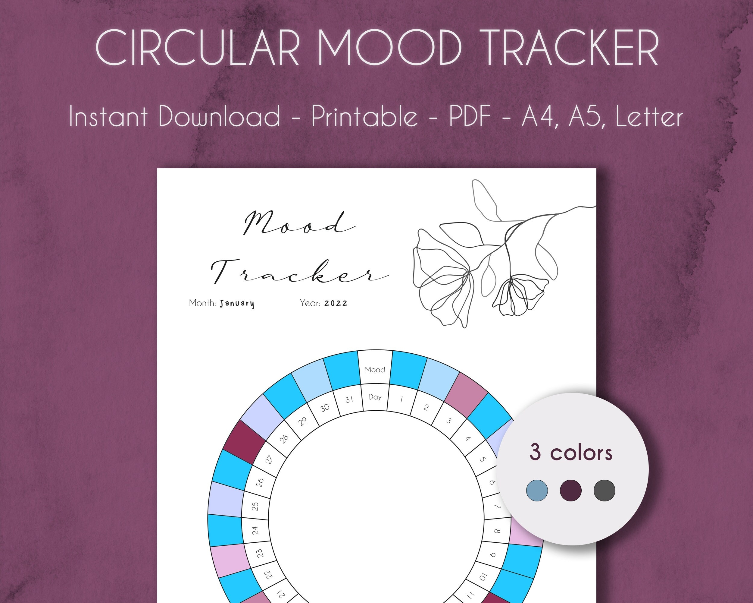 Circular Mood Tracker PRINTABLE Line Art Flower Mental Health Chart A4