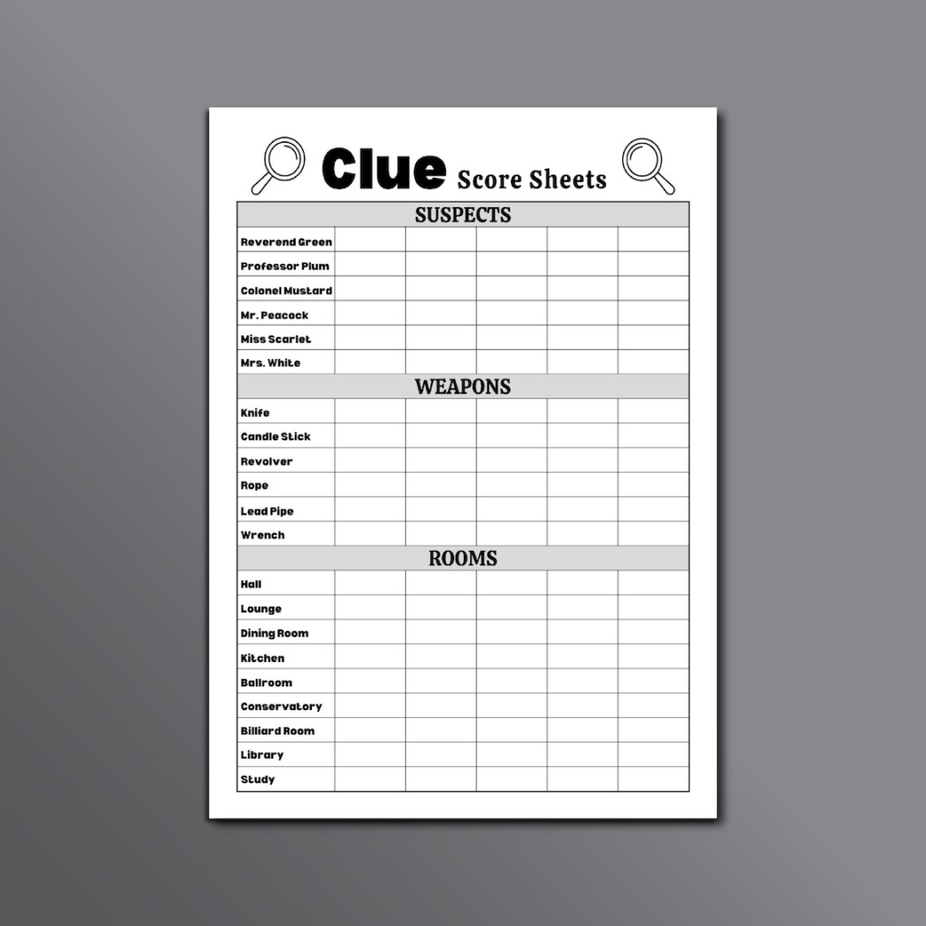 Clue Score Sheet Clue Board Game Score Sheet Clue Score Card Clue 