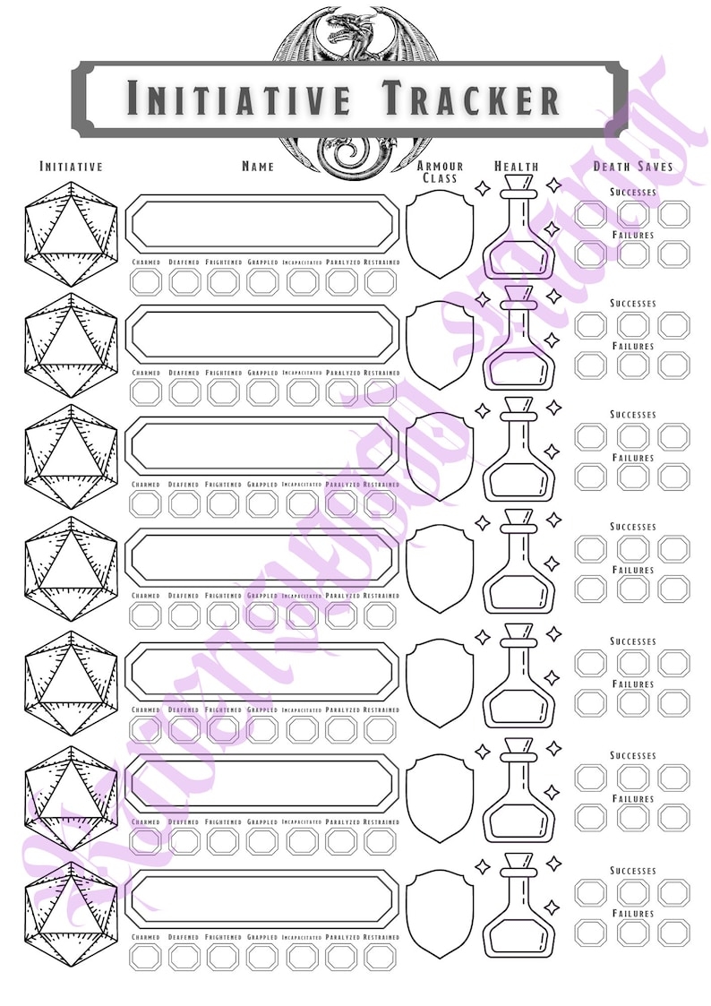 Combat Initiative Tracker A4 PRINTABLE DIGITAL DOWNLOAD Dungeons And